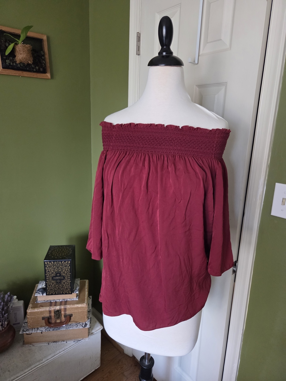Theory 100% Silk Off-Shoulder Blouse in Deep Wine Red